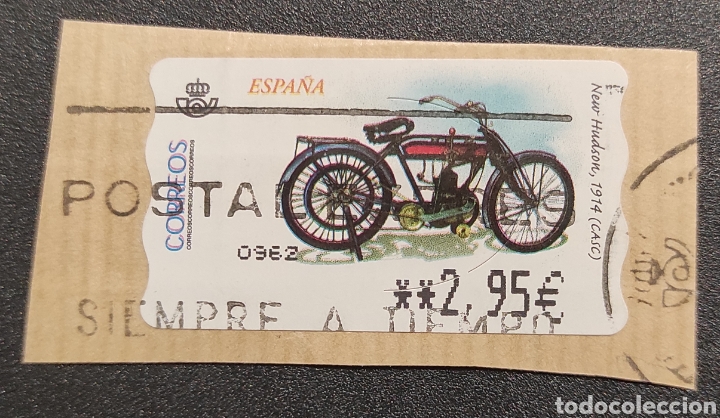 Stamps: Sello etiqueta ATM usada motocicleta New Hudson 1914 (CASC)