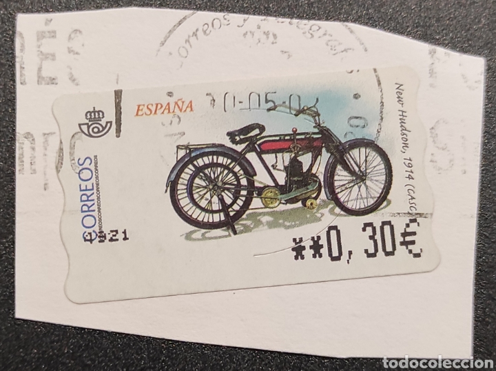 Stamps: Sello etiqueta ATM usada motocicleta New Hudson 1914 (CASC)
