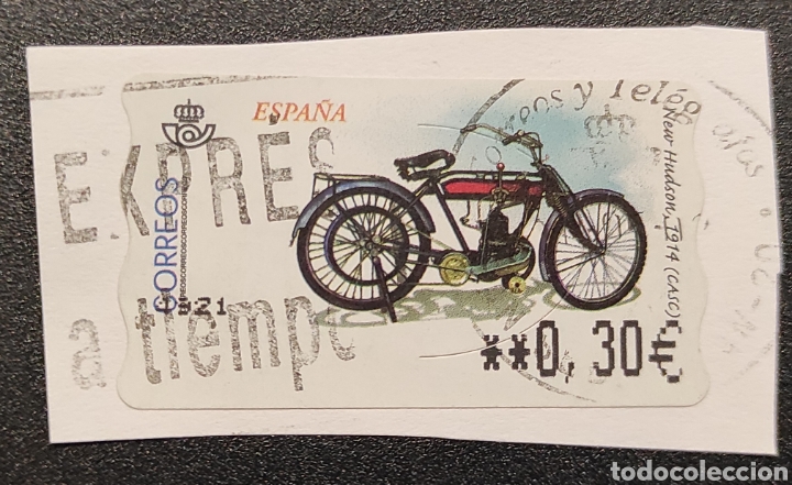 Stamps: Sello etiqueta ATM usada motocicleta New Hudson 1914 (CASC)