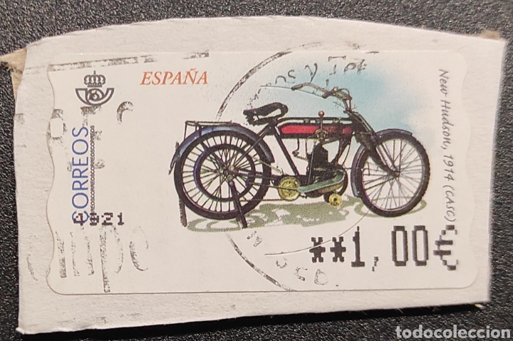 Stamps: Sello etiqueta ATM usada motocicleta New Hudson 1914 (CASC)
