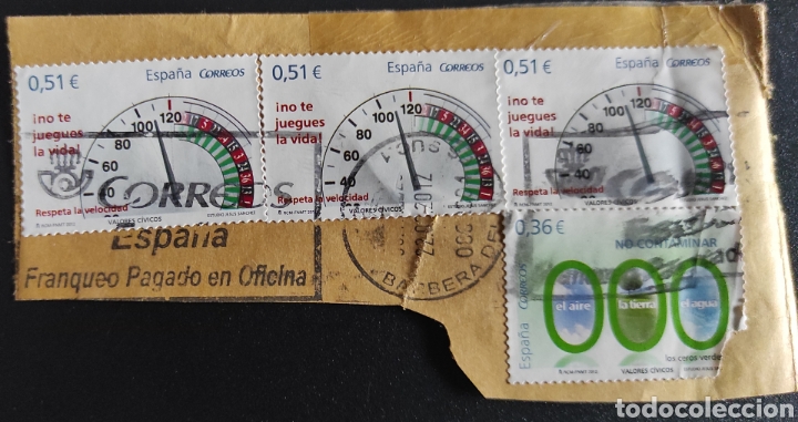 Briefmarken: 3 sellos Edifil 4697 y 1 4696. Valores c&iacute;vicos. Respeta la velocidad. No contaminar Agua aire tierra