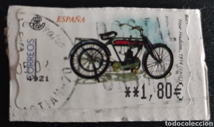 Briefmarken: Sello etiqueta ATM usada motocicleta New Hudson 1914 (CASC)