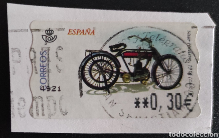 Briefmarken: Sello etiqueta ATM usada motocicleta New Hudson 1914 (CASC)