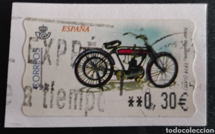 Briefmarken: Sello etiqueta ATM usada motocicleta New Hudson 1914 (CASC)