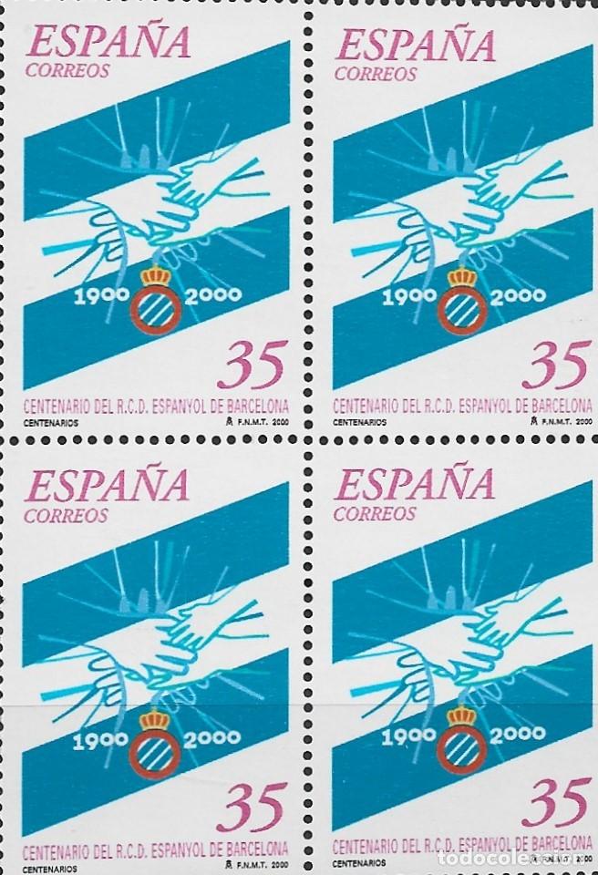 Sellos: ESPAÑA 2000 - EDIFIL 3705 **MNH - BLOQUE DE CUATRO - CENTENARIO DEL R.C.E. ESPANYOL - PRECIO FACIAL - Foto 1 - 303992033