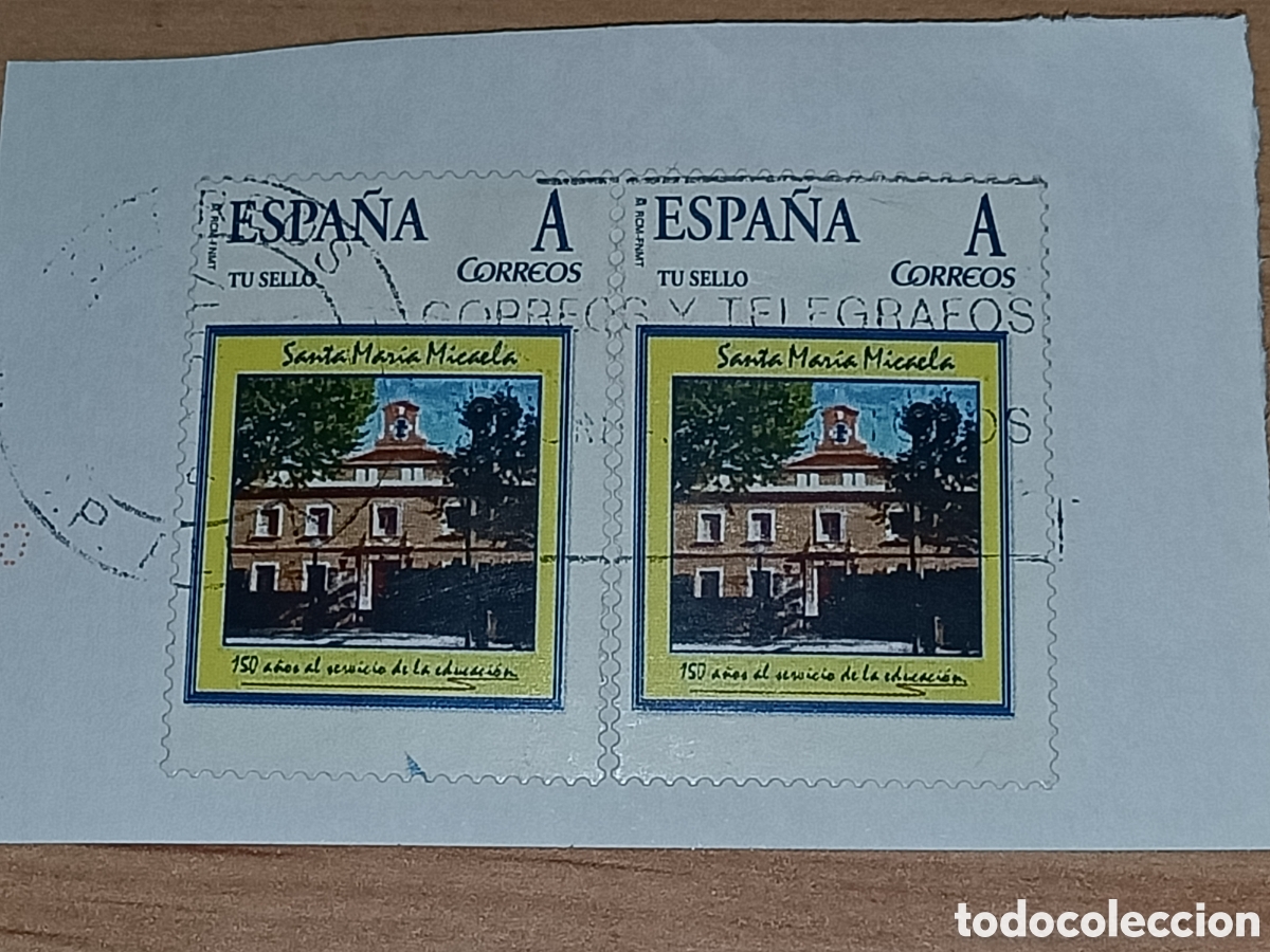 Sellos: Dos sellos matasellados. Santa Mar&iacute;a Micaela. 150 a&ntilde;os al servicio de la educaci&oacute;n.