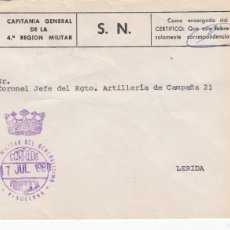 Sellos: SOBRE DE CAPITANIA GRAL. 4A. REGION CON FRANQUICIA DEL HOSPITAL MILITAR GENERALISIMO- BARCELONA