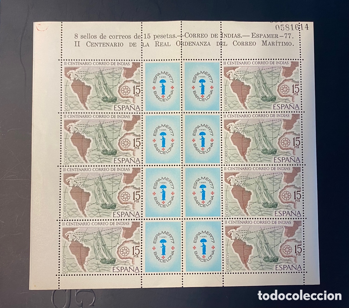 Sellos: A&ntilde;o 1977. 8 sellos Correo de Indias. Espamer II Centenario de la Real Ordenanza del Correo Mar&iacute;timo