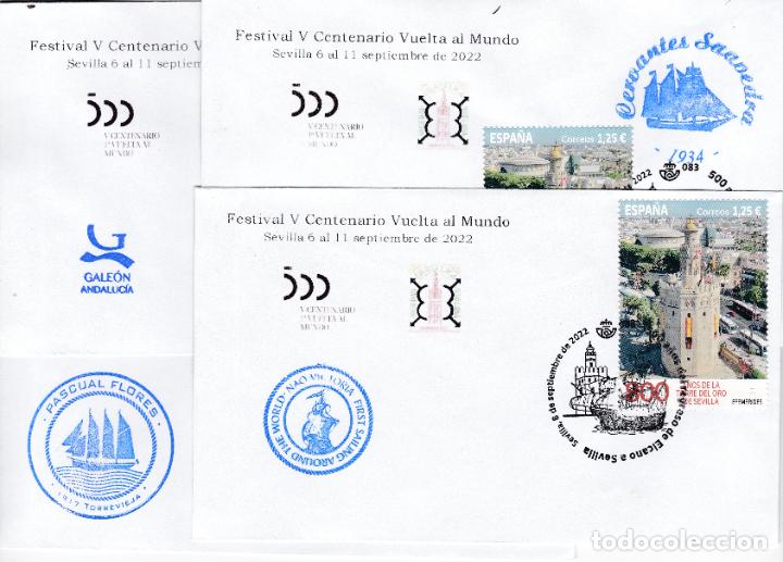 Sellos: JUEGO DE CUATRO SOBRES CON LAS MARCAS DE LOS BARCOS DEL FESTIVAL VUELTA AL MUNDO EN SEVILLA