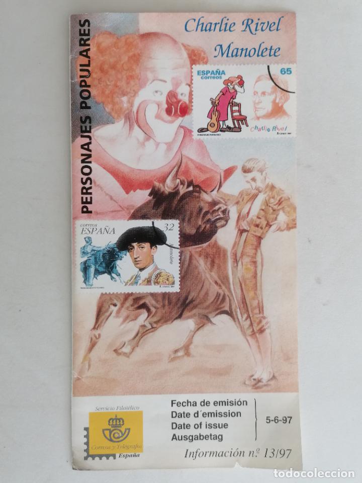 Sellos: SELLOS PERSONAJES POPULARES, CHARLIE RIVEL - MANOLETE, FOLLETO SERVICIO TELEFONICO