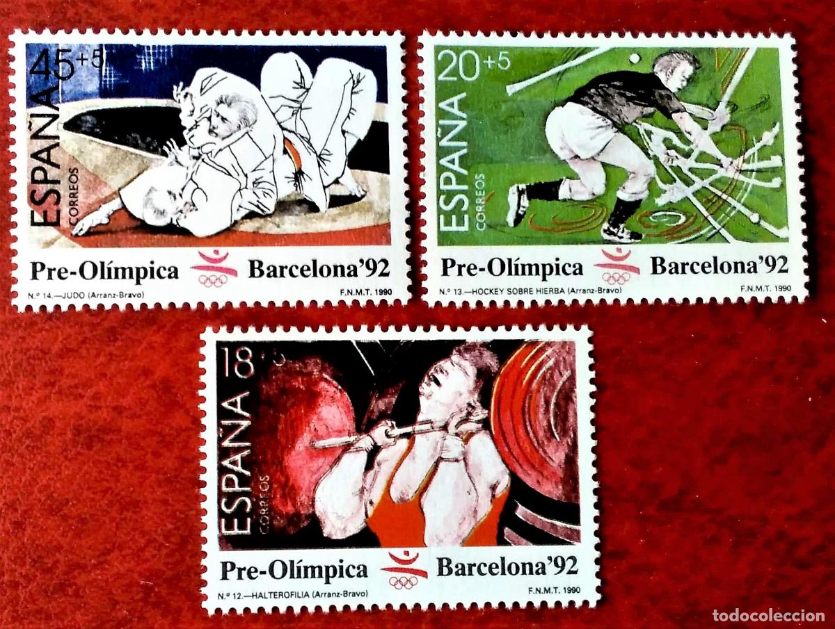 Sellos: Espa&ntilde;a. 3054/56 Pre-ol&iacute;mpica Barcelona: Halterofilia, hockey sobre hierba, judo. 1990. Sellos nuevo