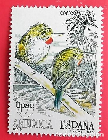 Sellos: Espa&ntilde;a. 3083 Am&eacute;rica-UPAEP: Todi, ave coraciforme. 1990. Sellos nuevos y numeraci&oacute;n Edifil