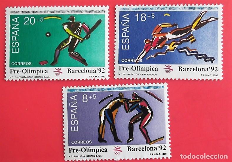 Sellos: Espa&ntilde;a. 3076/78 Barcelona'92. Serie Pre-ol&iacute;mpica: Lucha, nataci&oacute;n y pelota base. 1990. Sellos nuevo