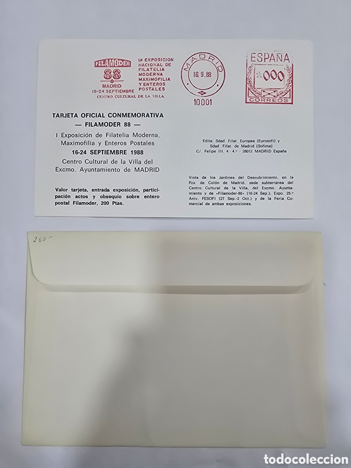 Sellos: SOBRE Y TARJETA MADRID , FILAMODER 88 - Foto 2
