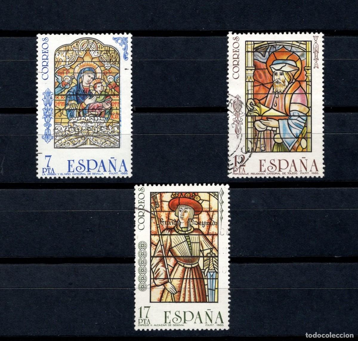 Sellos: Sellos usados.Vidrieras Artisticas. Serie completa. 24 Octubre 1985. Edifil 2815/17.