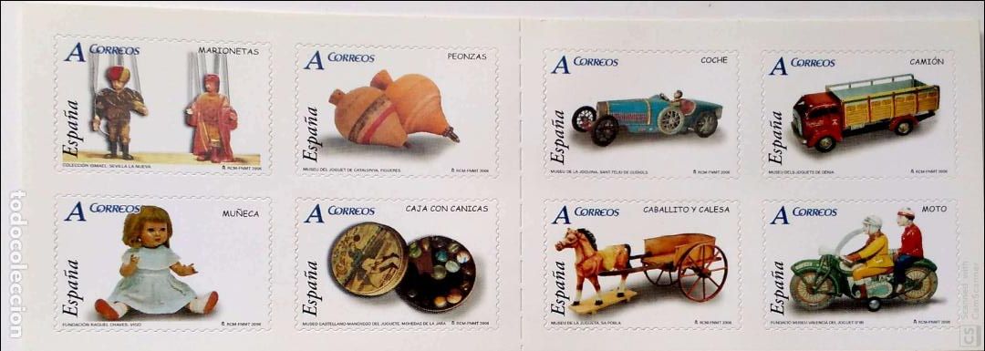Sellos: Espa&ntilde;a. 4199C Carnet Juguetes: Marionetas, peonzas, mu&ntilde;eca mariquita, caja con canicas, coche bugatt