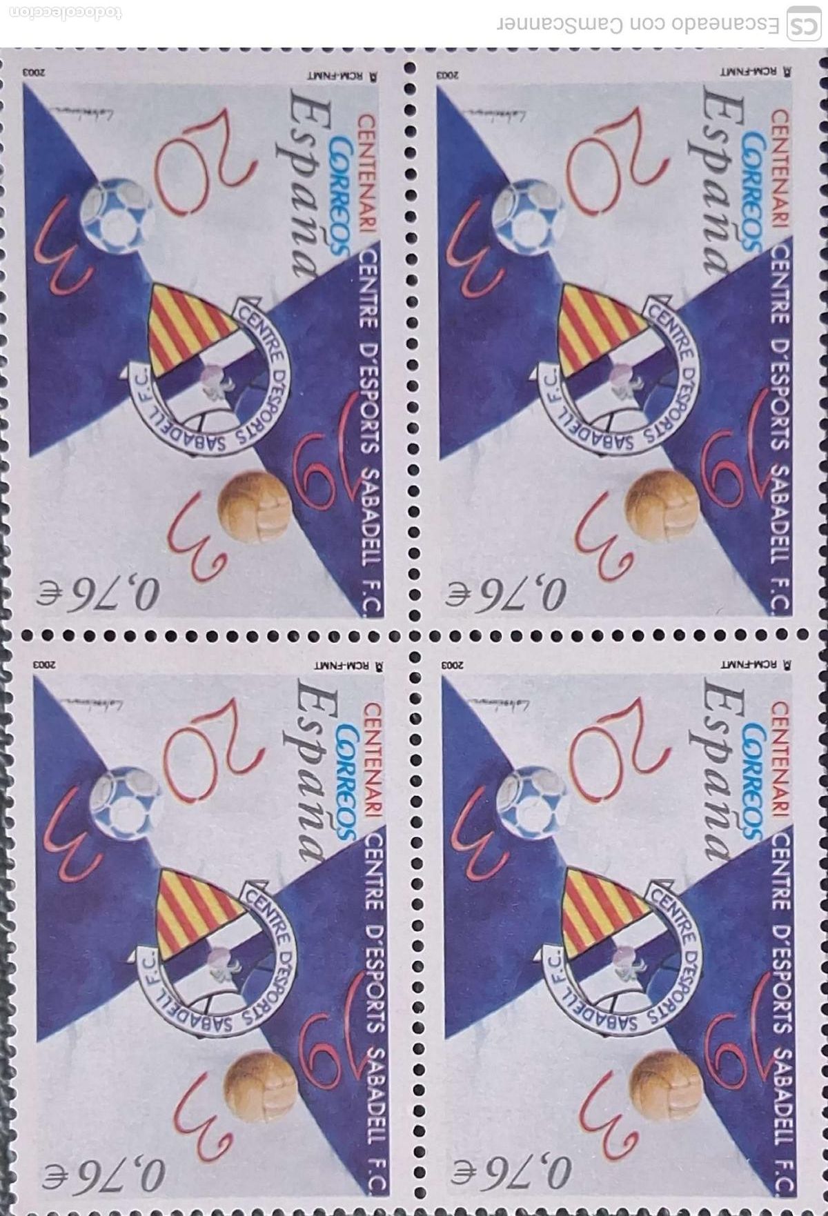 Sellos: Espa&ntilde;a. 3993 Club Sabadell, en bloque de cuatro. 2003. Sellos nuevos y numeraci&oacute;n Edifil