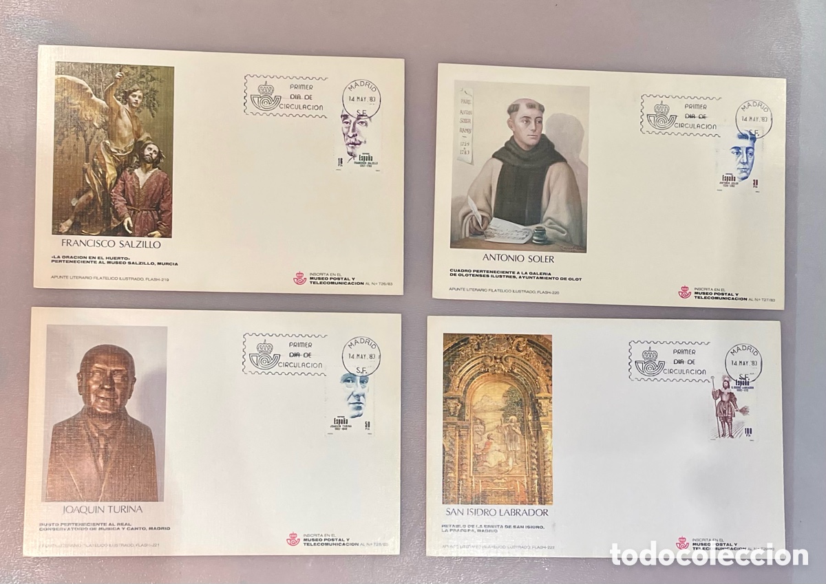 Briefmarken: Lote 4 Apuntes Filat&eacute;licos 1983 Personajes Espa&ntilde;oles &ndash; Salzillo, Soler, Turina, San Isidro