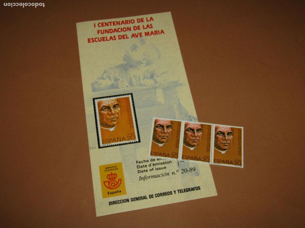 Sellos: 3 Sellos I Centenario Fundaci&oacute;n Escuelas del Ave Mar&iacute;a de 1989 + D&iacute;ptico Informaci&oacute;n 20/89