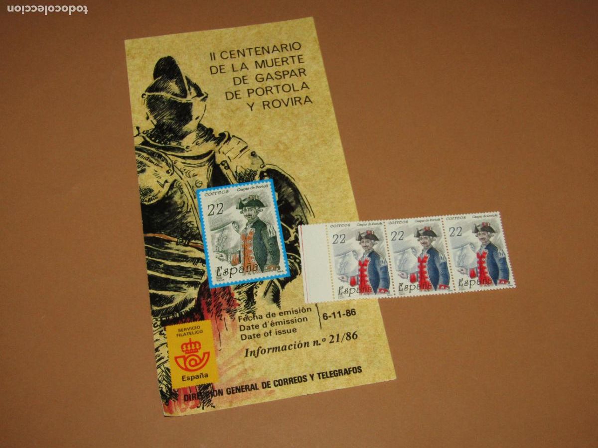 Sellos: 3 Sellos II Centenario Muerte de Gaspar de Portola y Rovira de 1986 + D&iacute;ptico Informaci&oacute;n 21/86