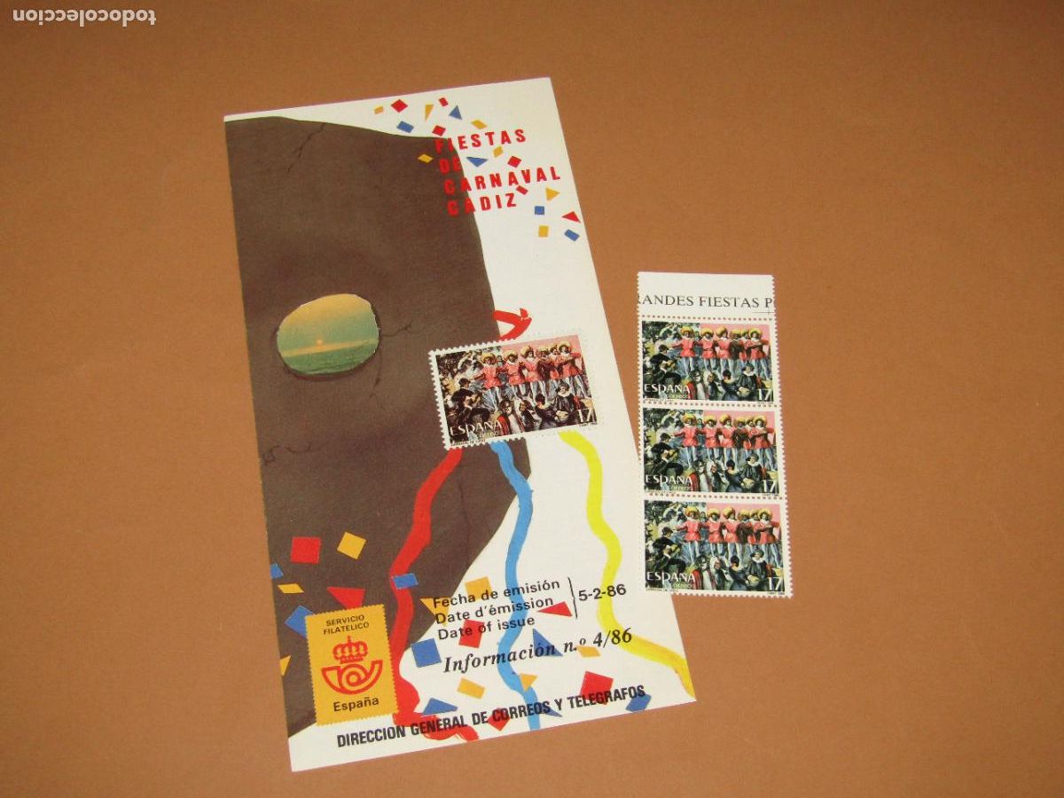 Sellos: 3 Sellos Fiestas de Carnaval en C&aacute;diz de 1986 + D&iacute;ptico Informaci&oacute;n 4/86