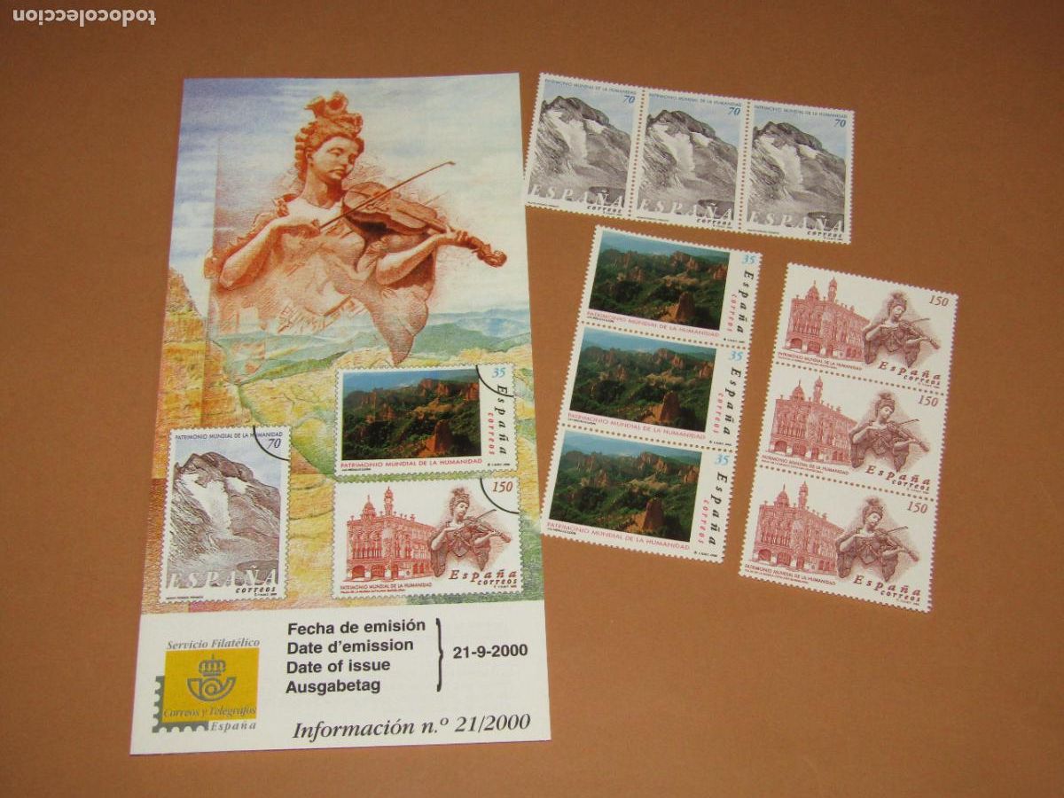 Sellos: 9 Sellos BIENES CULTURALES PATRIMONIO MUNDIAL de 2000 + Tr&iacute;ptico Informaci&oacute;n 21/2000