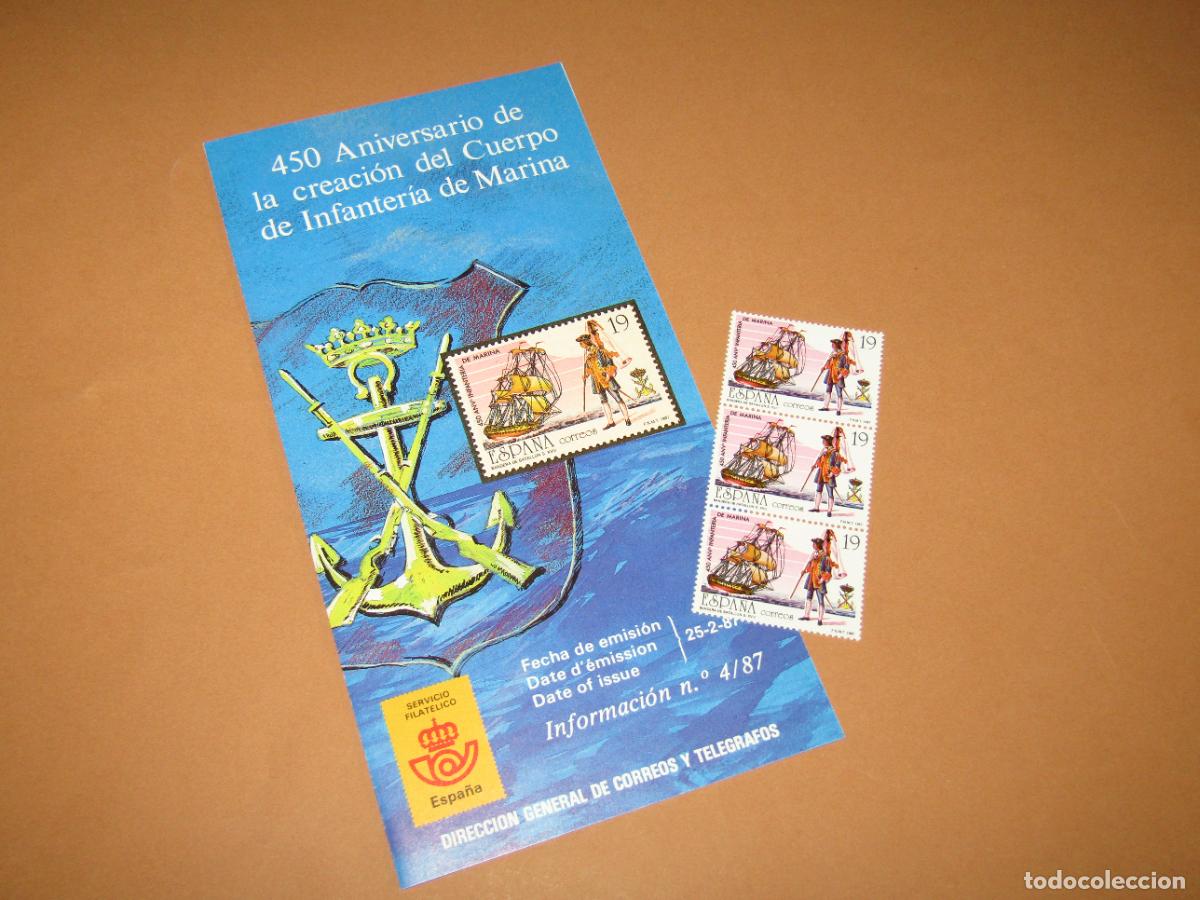 Sellos: 3 Sellos 450 Aniversario Cuerpo Infanter&iacute;a de Marina de 1987 + D&iacute;ptico Informaci&oacute;n 4/87