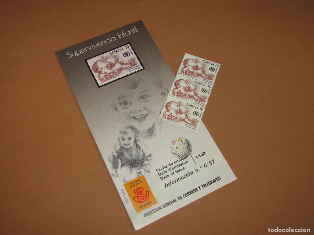 Sellos: 3 Sellos SUPERVIVENCIA INFANTIL de 1987 + D&iacute;ptico Informaci&oacute;n 6/87