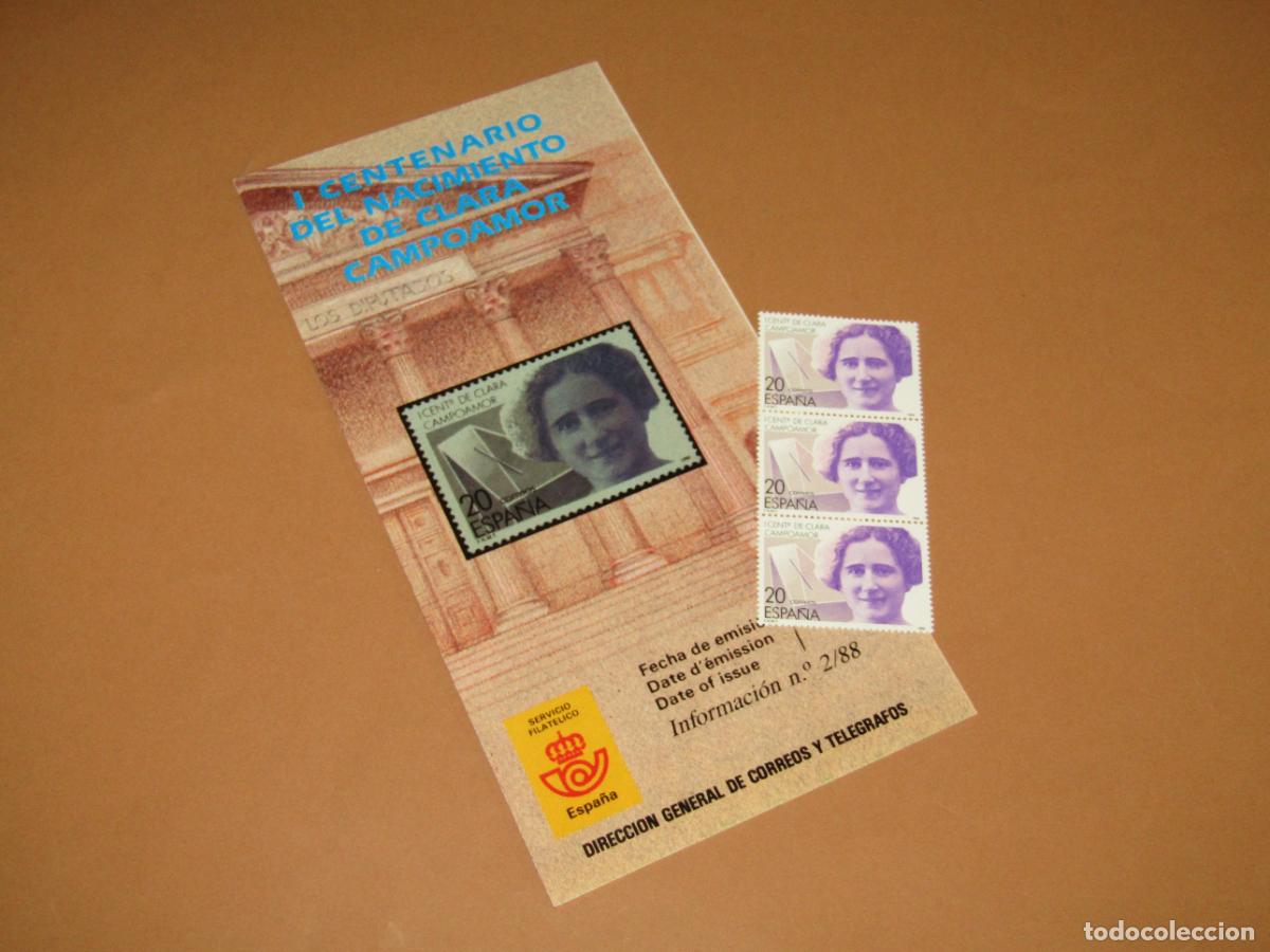 Sellos: 3 Sellos I Centenario Nacimiento de CLARA CAMPOAMOR de 1988 + D&iacute;ptico Informaci&oacute;n 2/88