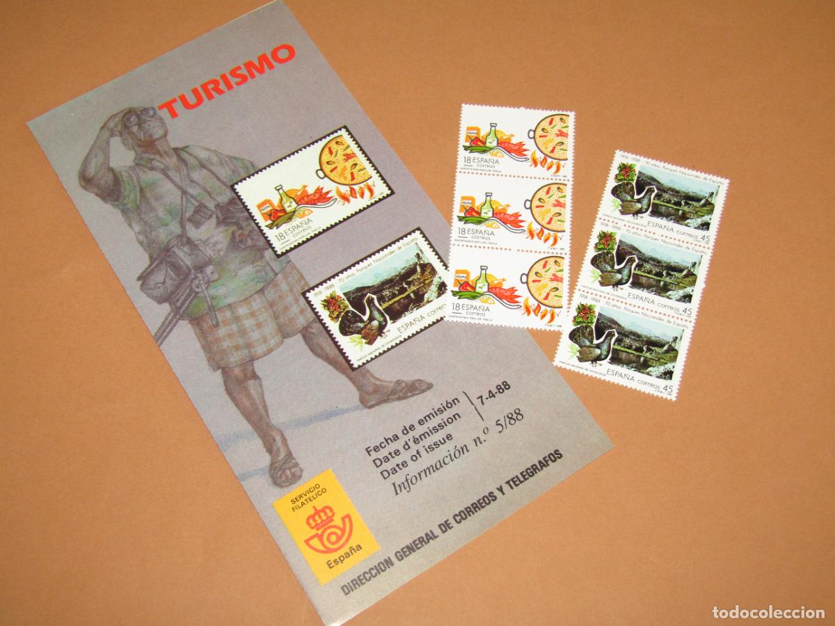 Sellos: 6 Sellos TURISMO PAELLA y COVADONGA de 1987 + D&iacute;ptico Informaci&oacute;n 24/87