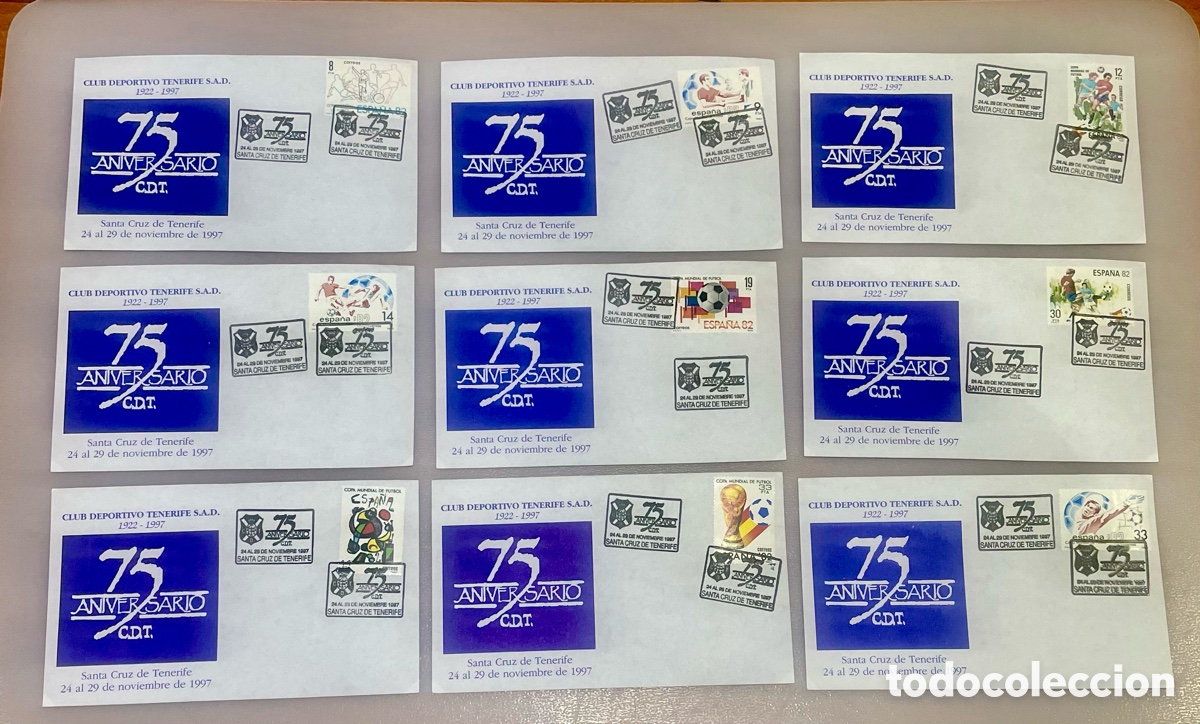 Selos: Lote 9 Sobres 75 Aniversario CD Tenerife 1997 &ndash; Matasellos Especial + Sellos Espa&ntilde;a 82
