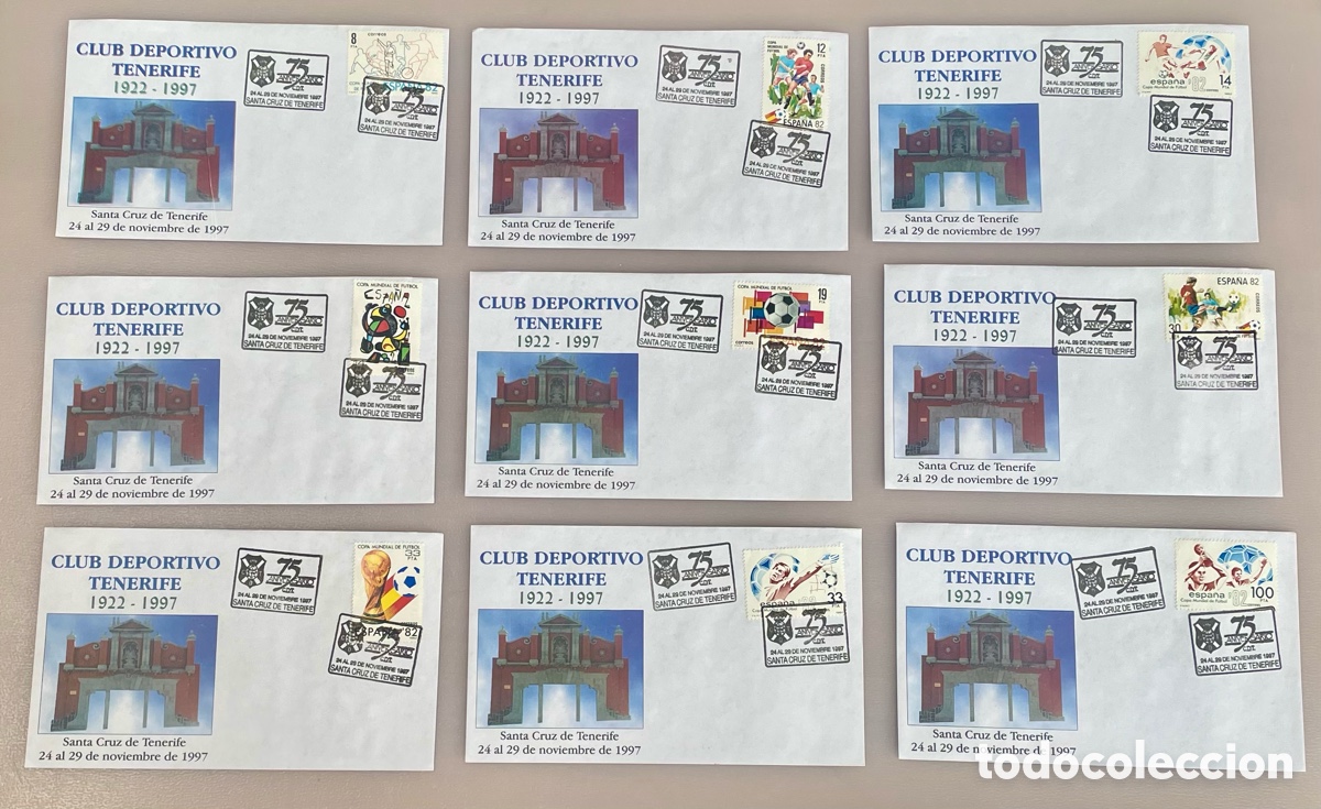Selos: Lote 9 Sobres Primer D&iacute;a CD Tenerife 75 Aniversario 1997 F&uacute;tbol Espa&ntilde;a 82