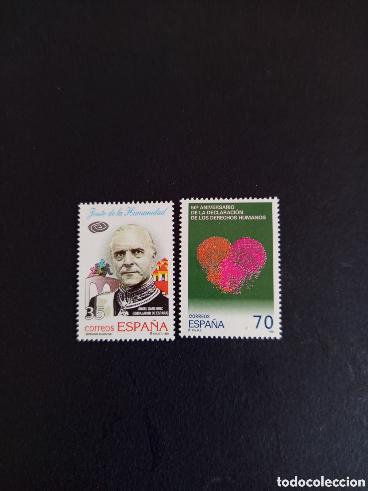 Sellos: Espa&ntilde;a, 1998. Derechos Humanos. &Aacute;ngel Briz. Logotipo. Edifil 3606/7. Pedido m&iacute;nimo 3 &euro;. Ver fotos