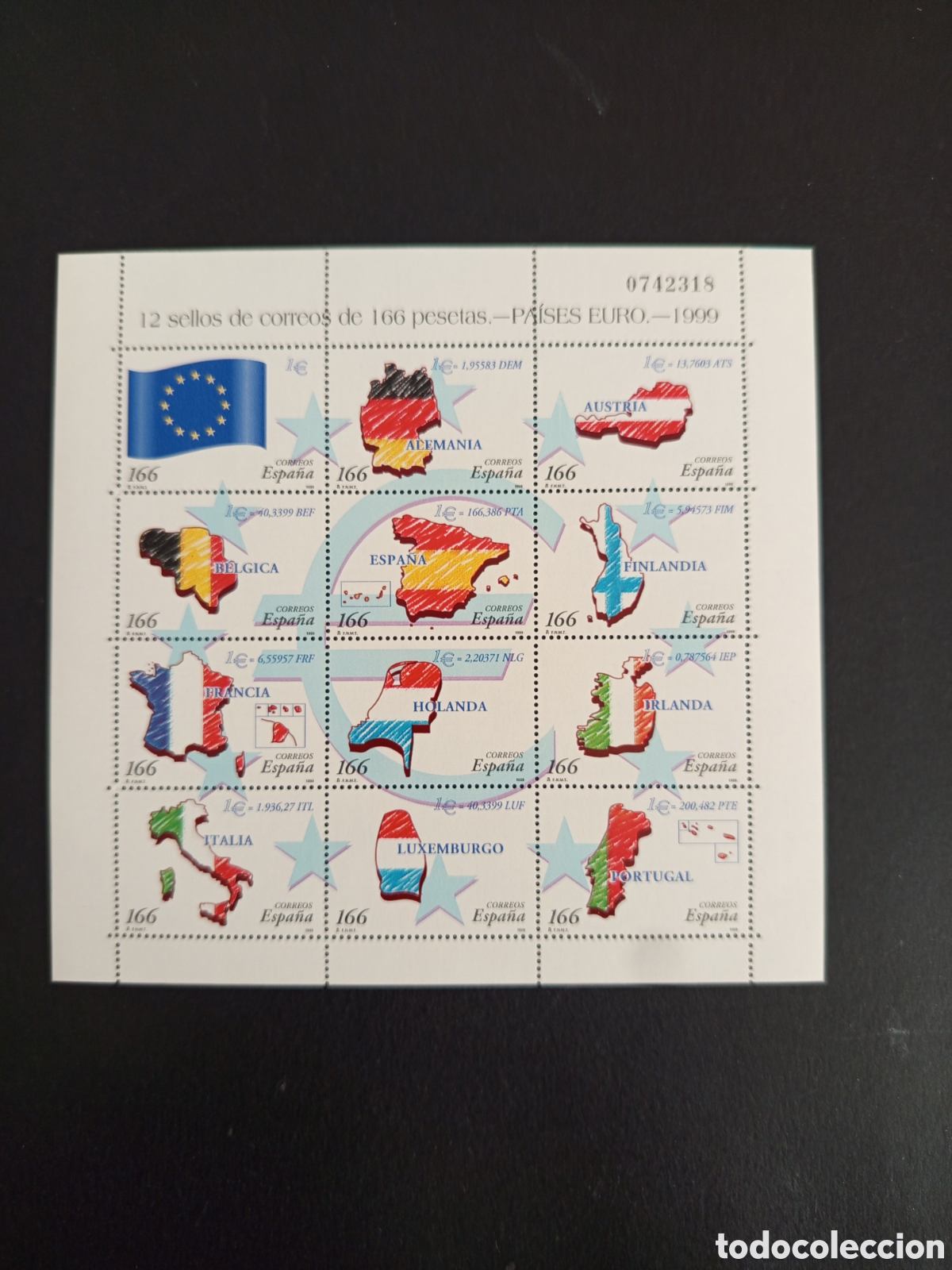 Sellos: Espa&ntilde;a, 1999. Pa&iacute;ses del euro. Banderas, mapa. Edifil 3632/43 Pedido m&iacute;nimo 3 &euro;. Ver fotos.
