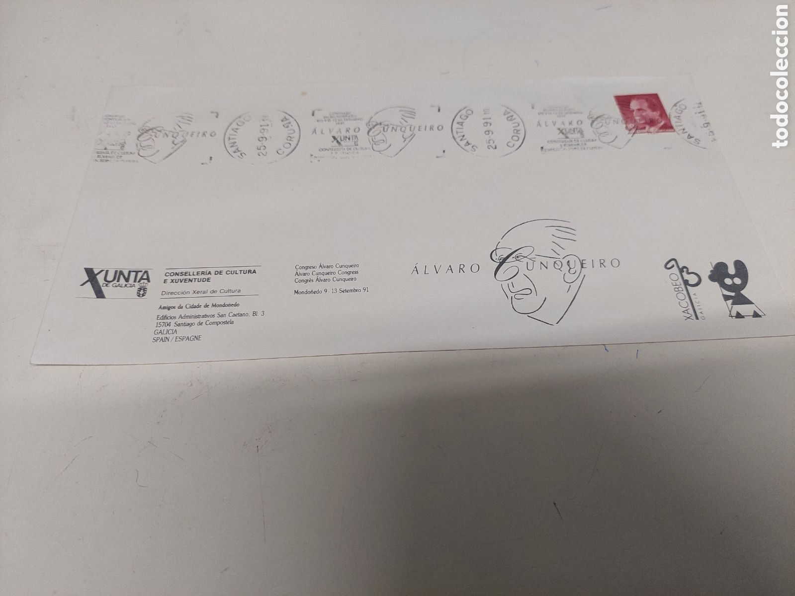 Sellos: 1991 RODILLO MATASELLO SANTIAGO LA CORU&Ntilde;A &Aacute;LVARO CUNQUEIRO XACOBEO GALICIA XUNTA GALICIA