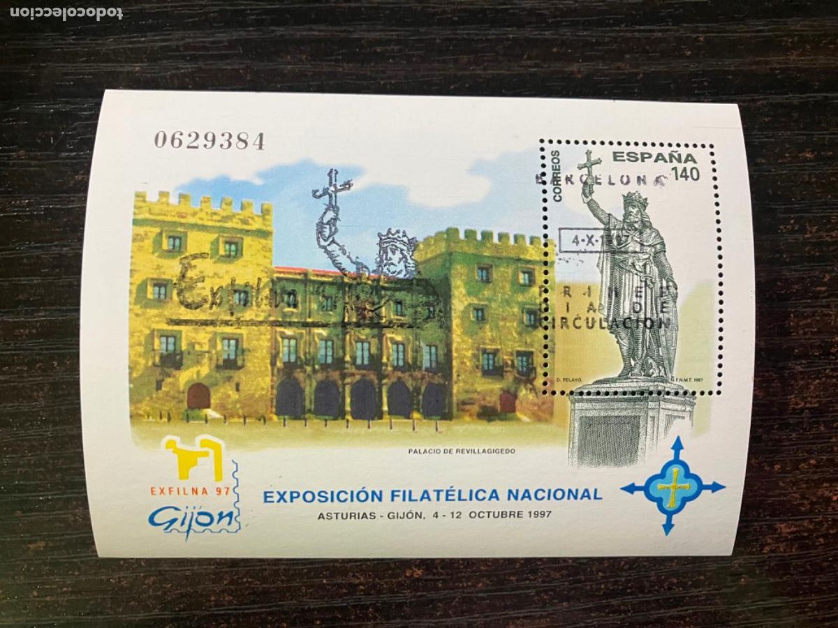 Sellos: Exfilna 97 Gij&oacute;n - HB Hojita bloque 1997 - Usada matasellos primer d&iacute;a - Edifil 3512