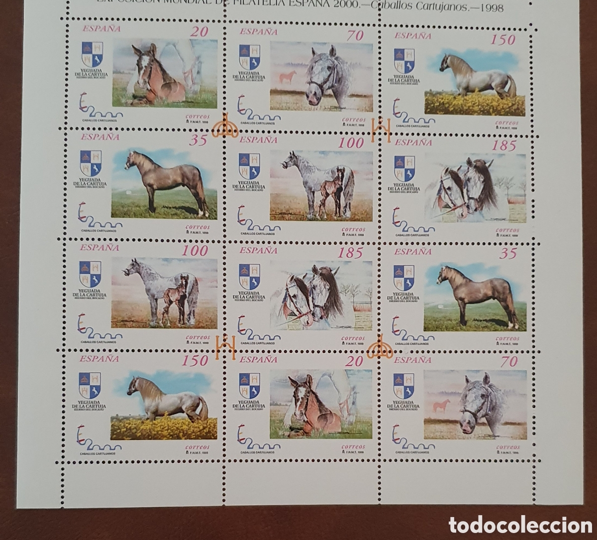 Sellos: Caballos cartujanos 1998. Exposici&oacute;n Mundial de Filatelia Espa&ntilde;a 2000. Edifil 3608 a 3613