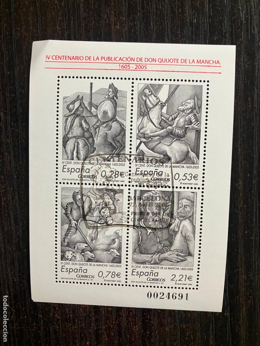 Sellos: Don Quijote Centenarios - HB Hojita bloque 2005 - Usada matasellos primer d&iacute;a - Edifil 4161