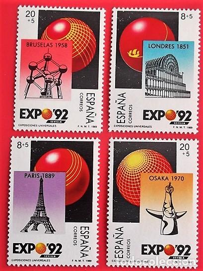 Sellos: Espa&ntilde;a. 2990/93 Exp. Universal Sevilla: Crystal Palace, Londres; Torre Eiffel, Par&iacute;s; Atomium, Bruse