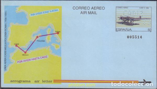 Sellos: 201525 MNH ESPA&Ntilde;A 1989 AEROGRAMA LINEA AEREA CADIZ-MELILLA-POLLENSA-ROMA