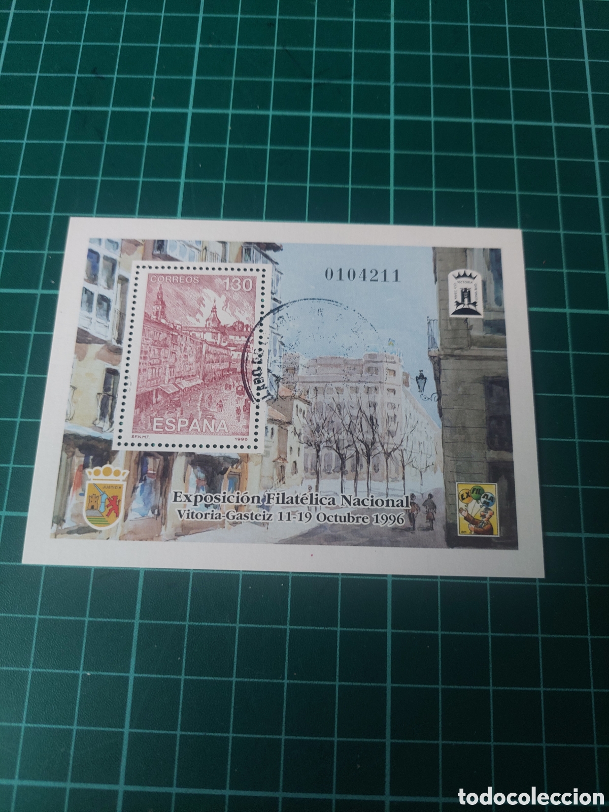 Sellos: 1996 EDIFIL 3451 HOJA BLOQUE USADA LUJO VICTORIA EXPOSICI&Oacute;N FILAT&Eacute;LICA ARQUITECTURA ESCUDO