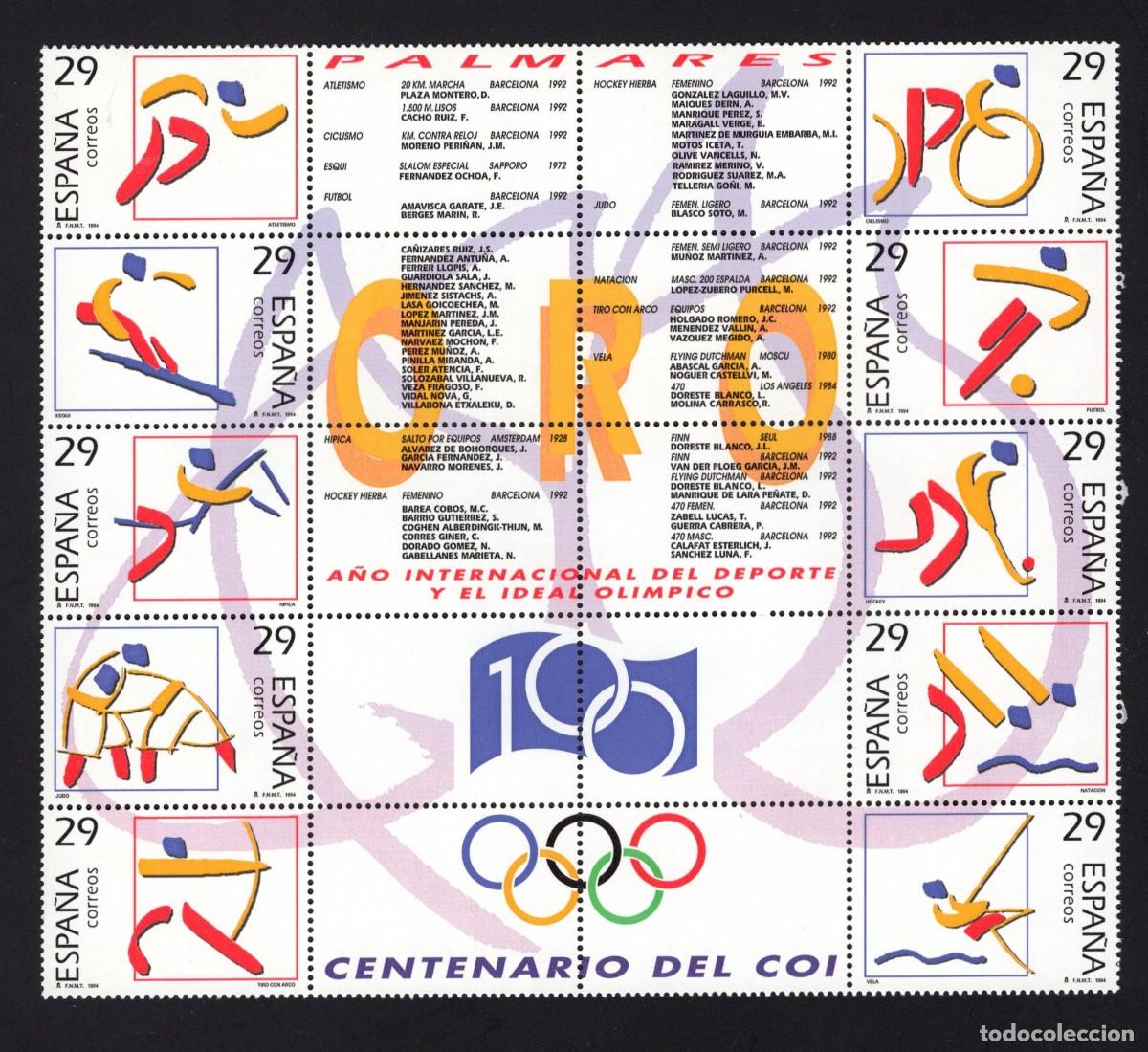 Sellos: Sello nuevo 1994. Deportes. Ol&iacute;mpicos de Oro. 27 Octubre 1994. Edifil 3325/34 bloque.