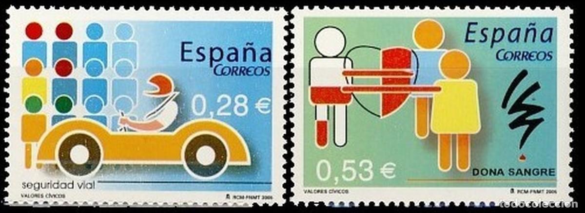 Sellos: Espa&ntilde;a 2005 edifil 4150/1 Sellos ** Valores Civicos Seguridad Vial y Dona Sangre Michel 4025/6