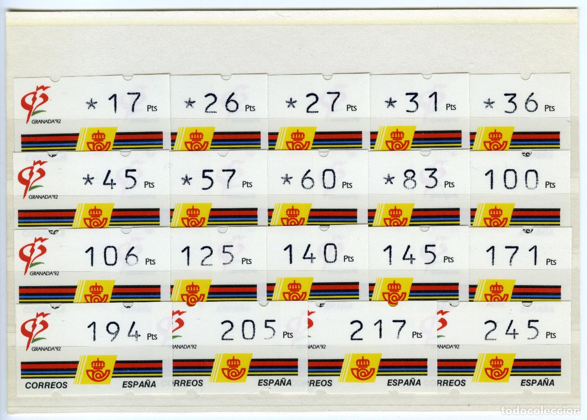 Sellos: ESPA&Ntilde;A 1992 &middot; ATM KL&Uuml;SSENDORF &middot; EXP. FIL. GRANADA '92, serie 19 valores 3 D&Iacute;GITOS, sin n&uacute;mero #H1009