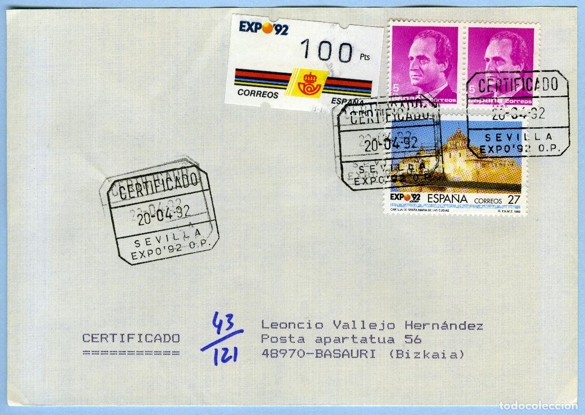 Sellos: EXPO '92 SEVILLA &middot; PRIMER DIA 20/04/1992 &middot; CARTA CERTIFICADA (O.P.) CON ATM 100p KL&Uuml;SSENDORF #G0000