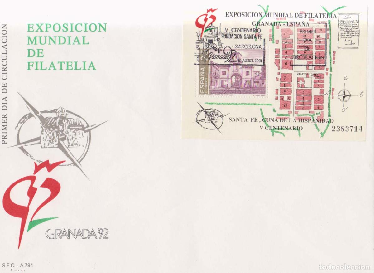 Sellos: 1992 edifil 3109 SPD FDC V Centenario Funacion Santa Fe Granada Expo Filatelia Granada 92 (E11274)