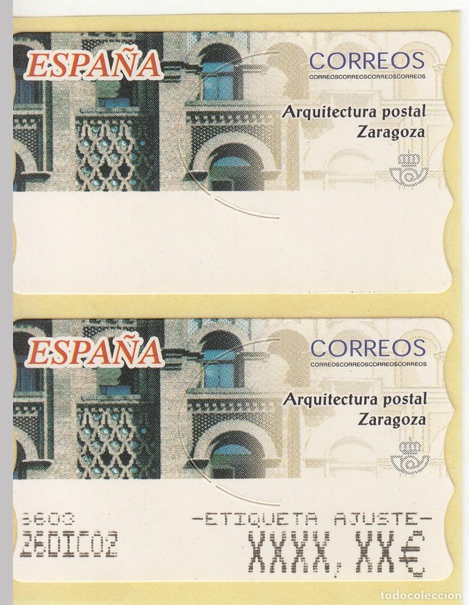 Sellos: ATM ETIQUETA DE AJUSTE Y ETIQUETA SIN VALOR. ARQUITECTURA POSTAL ZARAGOZA