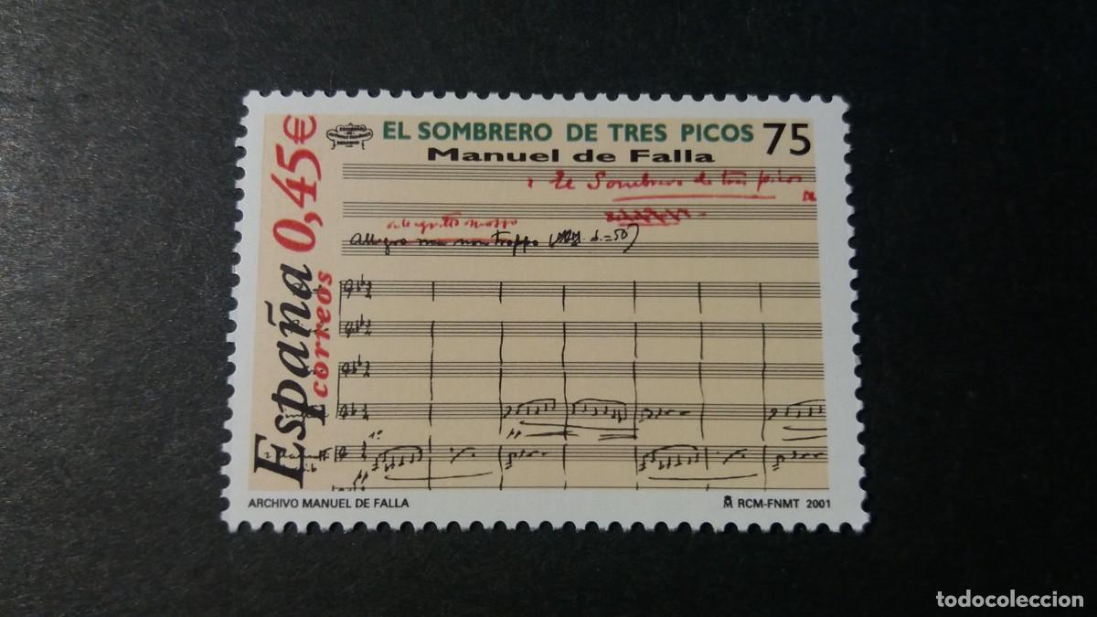 Sellos: Sello nuevo. Manuel de Falla. Partitura Sombrero de Tres Picos. 8 noviembre 2001. Edifil 3838.