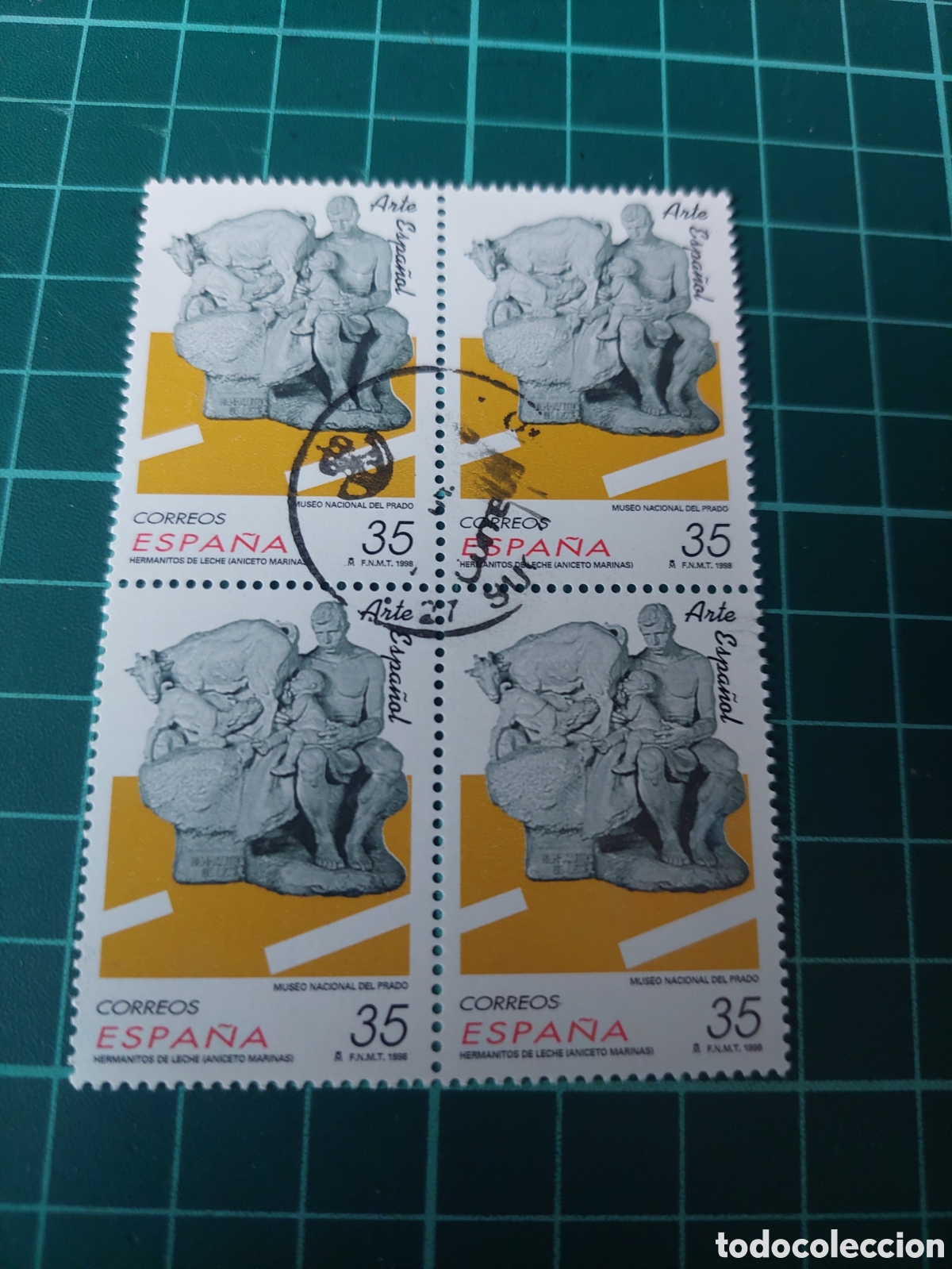 Sellos: BLOQUE CUATRO USADOS LUJO EDIFIL 3553 ARTE PRADO ANICETO MARINAS HERMANOS DE LECHE