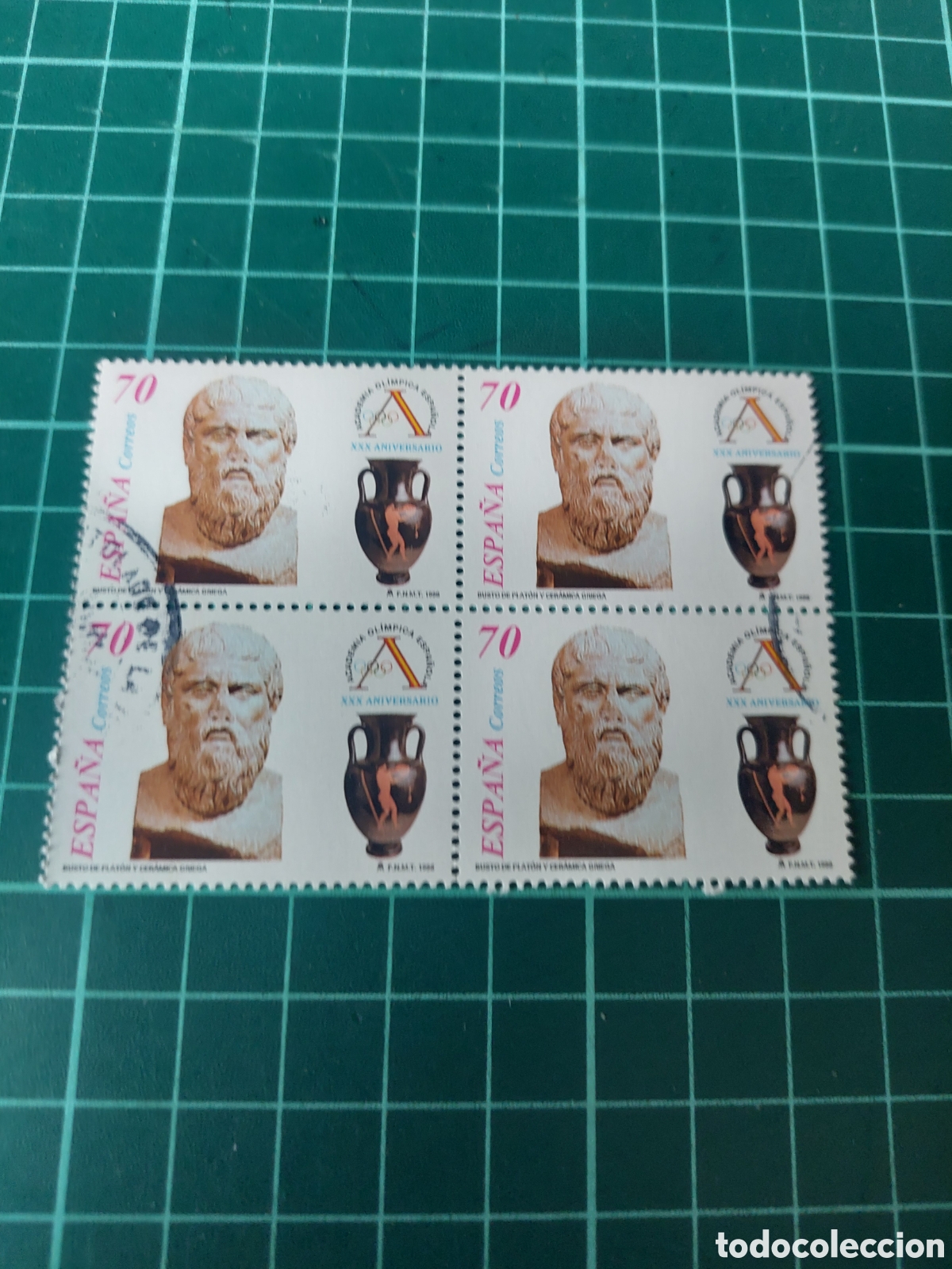 Sellos: BLOQUE CUATRO USADOS LUJO EDIFIL 3605 1998 ARTE CER&Aacute;MICA GRIEGA PLAT&Oacute;N